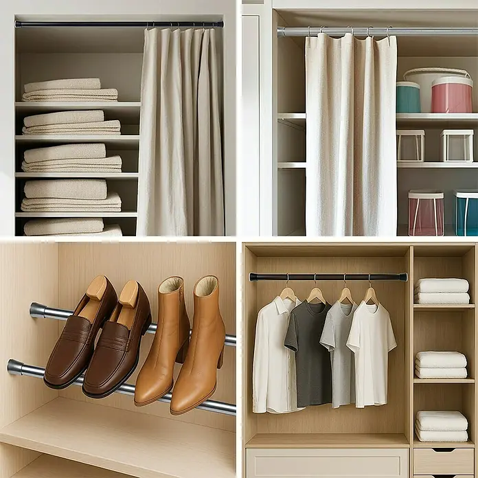 Barra para cortinas extensible multiusos - Metal, Madera, Longitud regulable: 70 cm - 120 cm - Varias tomas de armarios con barras de armario expandibles para ropa, almacenamiento de zapatos y organización general.