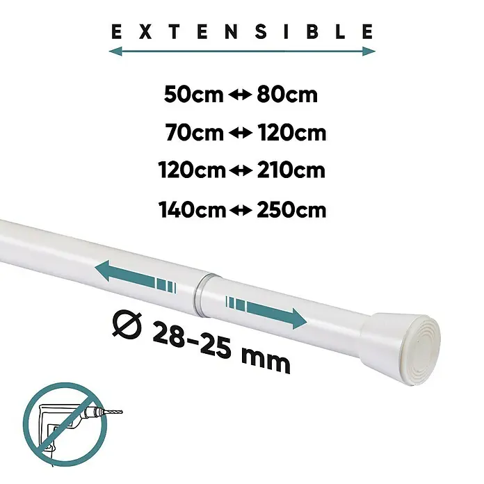 Barra para cortinas extensible multiusos - Metal, Blanco, Longitud regulable: 50 cm - 80 cm - Barra de cortina de ducha ajustable, extensible de 50cm a 250cm, diámetro 28-25mm. No es necesario taladrar.