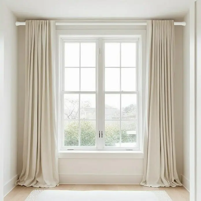 Barra para cortinas extensible multiusos - Metal, Blanco, Longitud regulable: 50 cm - 80 cm - Elegantes cortinas color crema enmarcan una gran ventana, creando un ambiente luminoso y elegante.