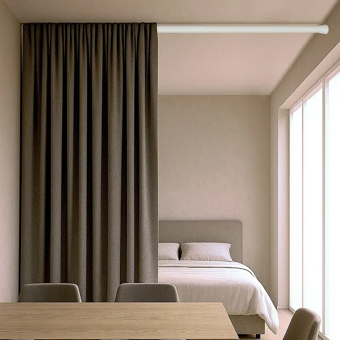 Barra para cortinas extensible multiusos - Metal, Blanco, Longitud regulable: 50 cm - 80 cm - Cortina divisoria de ambientes con barra en un color neutro. La cortina divide la habitación con estilo y ofrece privacidad.