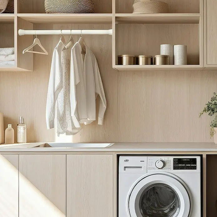Barra para cortinas extensible multiusos - Metal, Blanco, Longitud regulable: 50 cm - 80 cm - Un lavadero moderno con lavadora blanca, armarios de madera clara y una barra para colgar camisas.