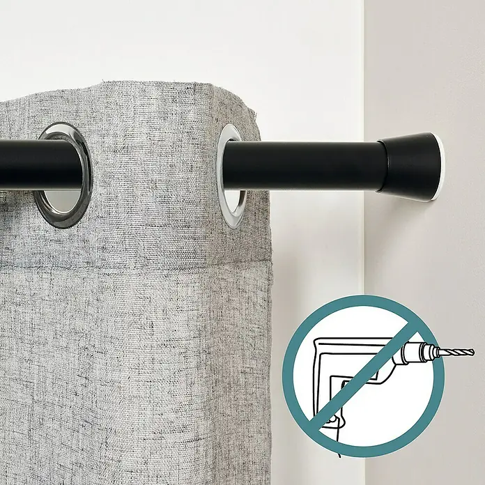 Barra para cortinas extensible multiusos - Metal, Negro, Longitud regulable: 140 cm - 250 cm - Primer plano de una barra de cortina con cortina y un símbolo que prohíbe el uso de un taladro.