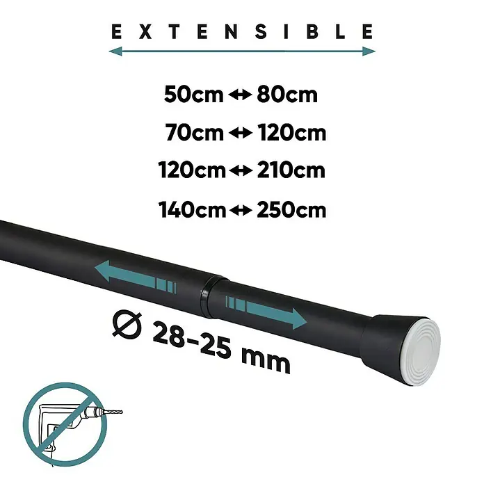 Barra para cortinas extensible multiusos - Metal, Negro, Longitud regulable: 140 cm - 250 cm - Ilustración de una barra de cortina de ducha extensible negra con medidas y un símbolo de no perforar.