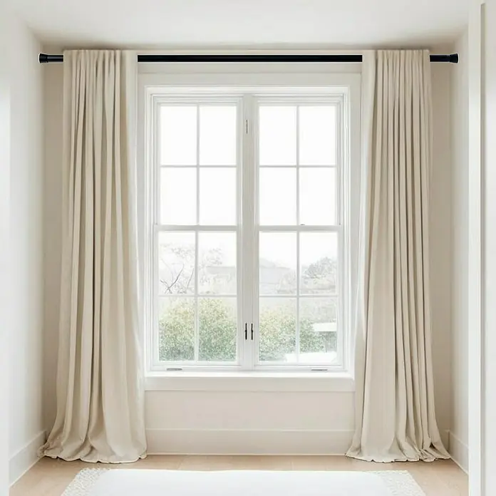 Barra para cortinas extensible multiusos - Metal, Negro, Longitud regulable: 140 cm - 250 cm - Cortinas elegantes hasta el suelo en una habitación luminosa con una gran ventana y una barra de cortina oscura, creando un ambiente acogedor.