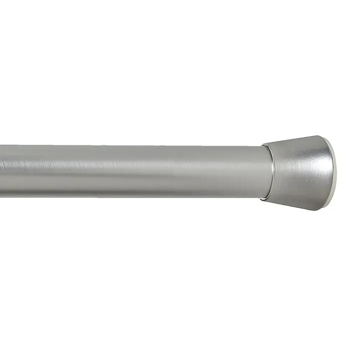 Barra para cortinas extensible multiusos - Metal, Plateado, Longitud regulable: 70 cm - 120 cm - Vista detallada de una barra de cortina de ducha plateada con una tapa de extremo cónica, ideal para cualquier baño.