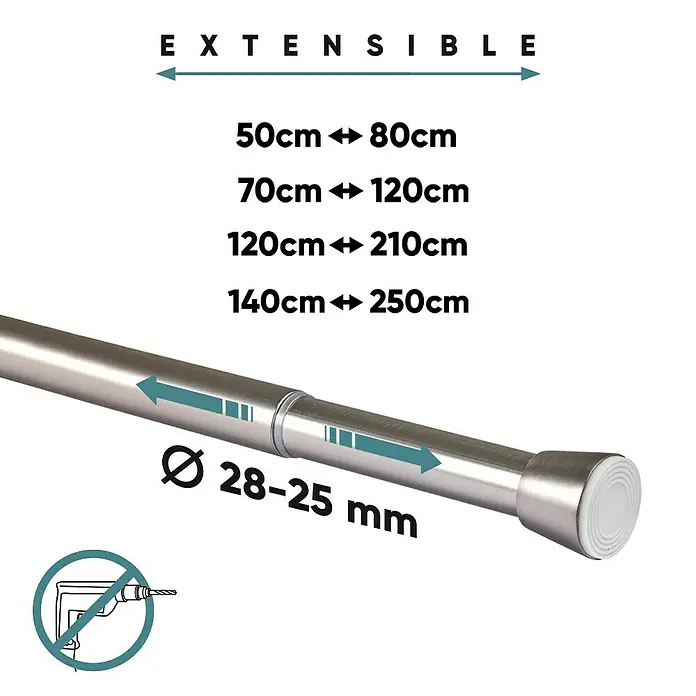 Barra para cortinas extensible multiusos - Metal, Plateado, Longitud regulable: 70 cm - 120 cm - Imagen de una barra de ducha extensible. La barra es de color plateado y tiene un diámetro de 28-25 mm. Está disponible en varias longitudes.
