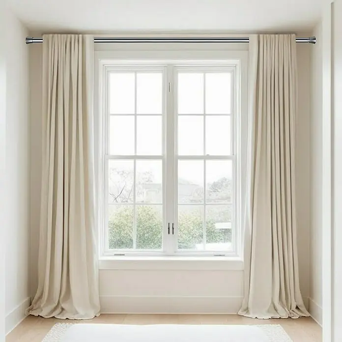 Barra para cortinas extensible multiusos - Metal, Plateado, Longitud regulable: 70 cm - 120 cm - Cortinas claras hasta el suelo en una barra plateada frente a una ventana grande, añadiendo un ambiente elegante y aireado a la habitación.