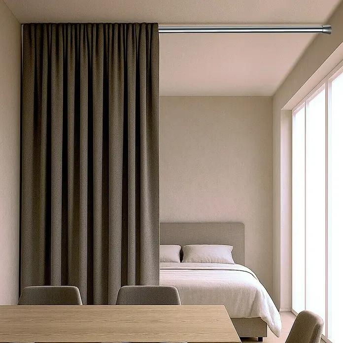 Barra para cortinas extensible multiusos - Metal, Plateado, Longitud regulable: 70 cm - 120 cm - Cortina marrón opaca que divide una habitación, creando un ambiente acogedor y proporcionando privacidad.