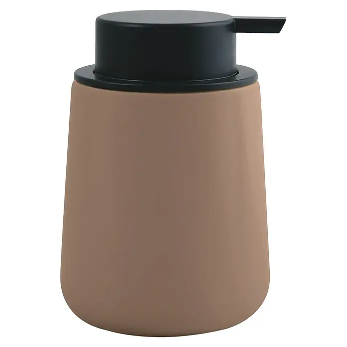 MSV Maonie Dispensador de jabón - L x An x Al: 85 x 85 x 126 cm, Cerámica, Capuccino - Elegante dispensador de jabón con recipiente de cerámica marrón y bomba negra, ideal para baño y cocina.