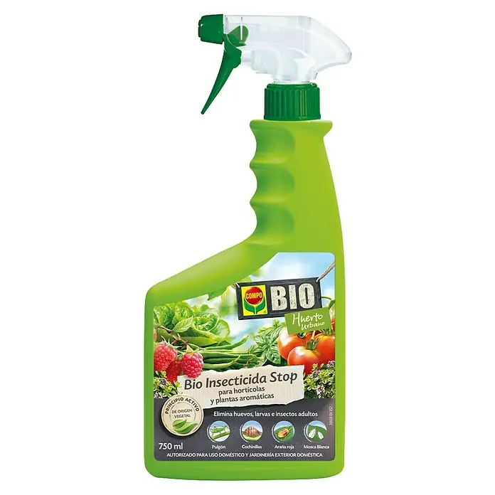 Compo Bio Antiorugas biológico Stop - 750 ml - Primer plano de una botella de spray de Bio Insecticida, un producto para el control de plagas para huertos y uso.