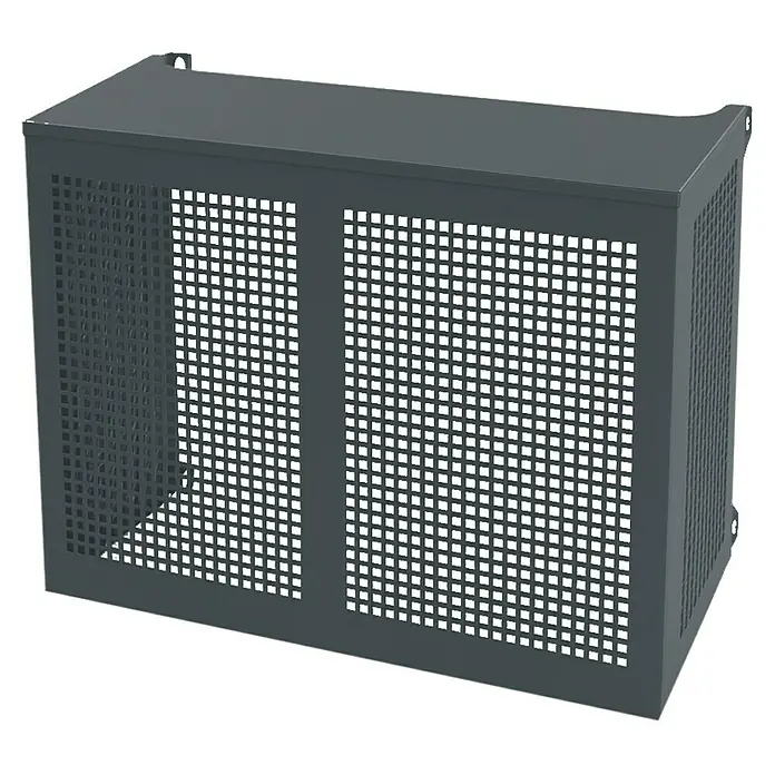 ZimaKlima Protector para unidad exterior - Ancho: 110 cm, Largo: 55 cm, Altura: 95 cm, Metal, Gris - Imagen de una carcasa moderna para unidad de aire acondicionado con diseño de rejilla cuadrada, perfecta para uso exterior y cobertura de electrodomésticos.