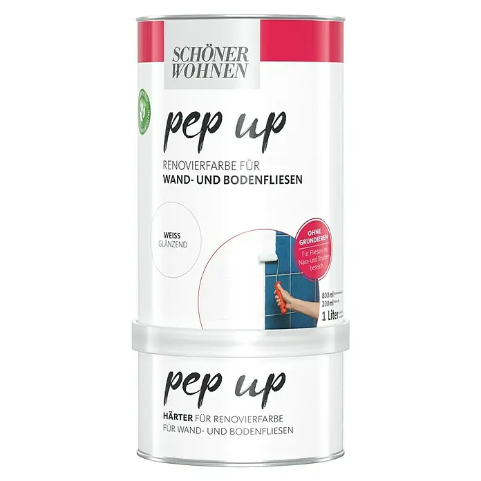 SCHÖNER WOHNEN-Farbe Pep up Renovierfarbe für Wand- & Bodenfliesen - Weiß, Glänzend, 1 l, Wasserbasiert - Farbdose "Schöner Wohnen Pep Up" für Wand- und Bodenfliesen, inklusive Härter. Ideal zur Renovierung, ohne Grundierung, für Nass- und Trockenbereiche.