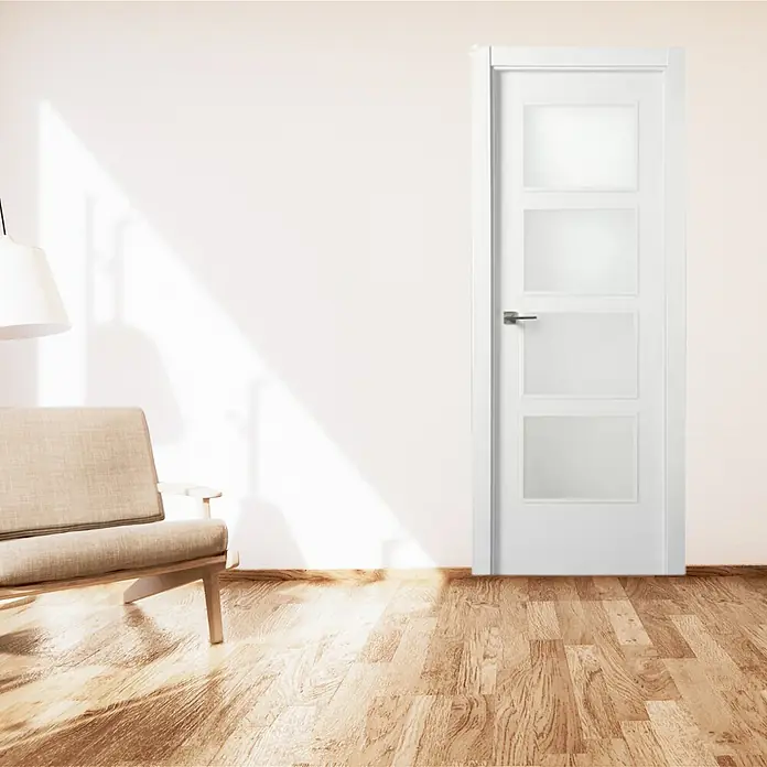 Solid Elements Puerta acristalada KNP - 62,5 x 203 cm, Derecha, Blanco - Elegante puerta interior blanca con cuatro paneles de vidrio esmerilado, que ofrece una combinación perfecta de luminosidad y privacidad. Ideal para espacios.