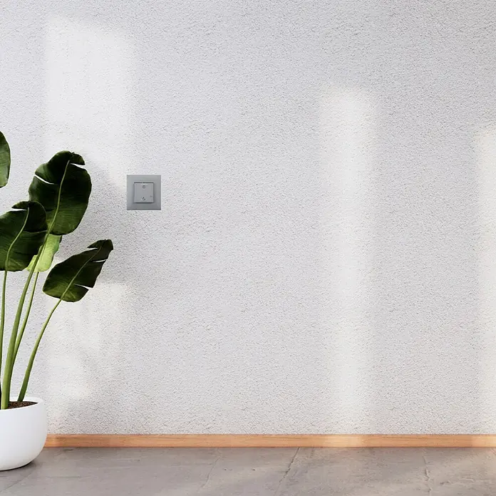 Legrand Valena Next with Netatmo Conmutador Día/noche - Aluminio, Mate, Montaje en la pared - Primer plano de una toma de corriente doble cuadrada plateada montada en una pared blanca. Una hoja verde está situada a la izquierda.