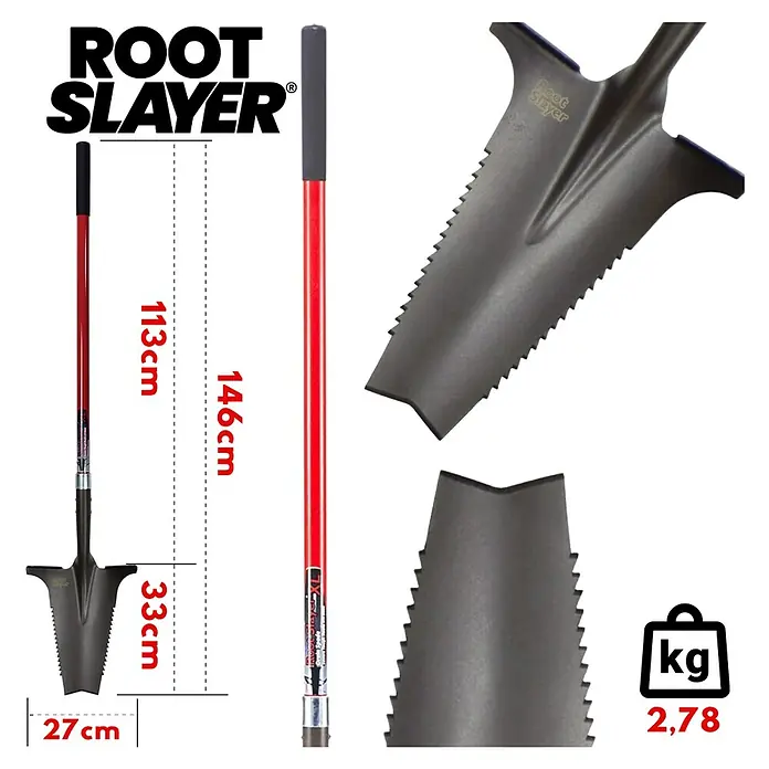 Root Slayer Rodespaten - 146 cm - Produktbild des Root Slayer Spatens mit Maßen und Gewicht.\n