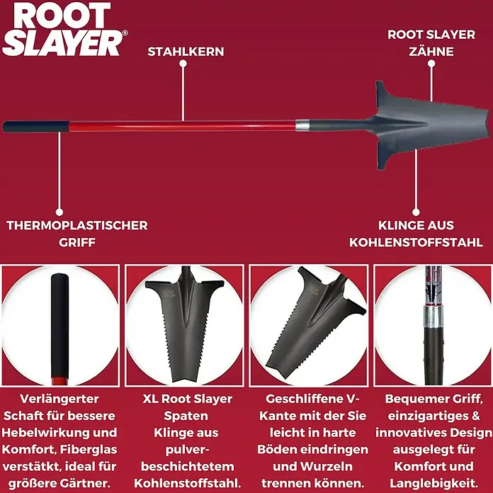 Root Slayer Rodespaten - 146 cm - Root Slayer Spaten mit Thermoplastischem Griff, Stahlkern, Kohlenstoffstahl Klinge und Root Slayer Zähne für komfortables und langlebiges Arbeiten.