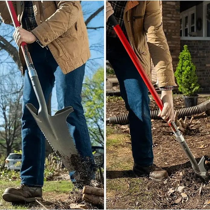Root Slayer Rodespaten - 146 cm - Das Bild zeigt eine Person, die einen speziellen Spaten mit Sägezahnklinge und rotem Griff verwendet, um im Garten zu arbeiten.