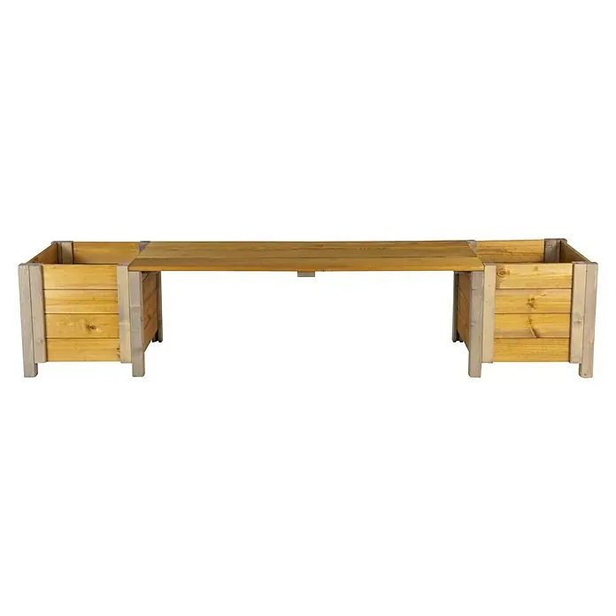 Dobar Gartenbank mit Blumenkästen - B x T x H: 180 x 40 x 39,5 cm, Fichte, Grau/Braun - Das Bild zeigt eine rustikale Gartentischkombination mit zwei Pflanzkästen. Die Holzkonstruktion verleiht jedem Garten einen natürlichen Touch.
