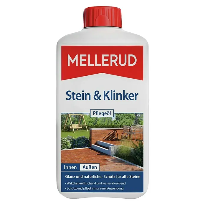 Mellerud Stein- & Fliesenpflege Stein- & Klinker Pflegeöl - 1 l, Flasche mit kindergesichertem Verschluss - Produktbild von Mellerud Stein- und Klinkerpflegeöl, für den Innen- und Außenbereich, mit Glanz und natürlichem Schutz.