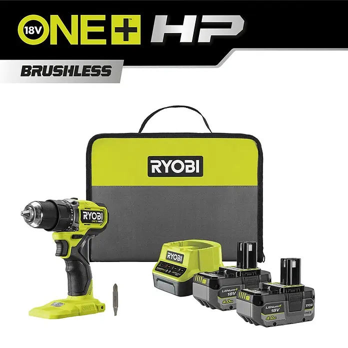 Ryobi ONE+HP Akku-Bohrschrauber-Set RDD18C1-2C40S - 2 Akkus, 4 Ah, 60 Nm, 6 -tlg. - Ryobi ONE+ HP Akku-Bohrschrauber-Set mit zwei Akkus, Ladegerät und Werkzeugtasche für vielseitige Anwendungen.