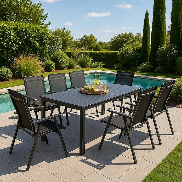 Sunfun Sillón de posiciones Lea - 57 x 62 x 108 cm, Negro, Respaldo regulable - Conjunto de comedor exterior con mesa gris y ocho sillas junto a la piscina. Disfrute de momentos de relax al aire libre.