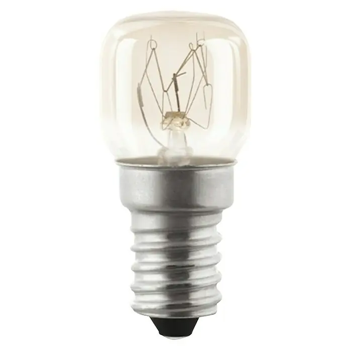 Garza Bombilla LED Horno T22 - E14, No regulable, Blanco cálido, 90 lm, 15 W - Primer plano de una bombilla E14 con vidrio transparente y filamento visible, ideal para electrodomésticos de cocina y campanas extractoras.