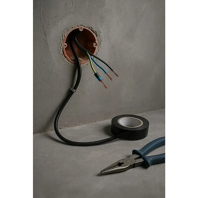Bricable Cable unipolar a metros - H05VV-F, Número de cables: 3, 150 m, Negro - Cables eléctricos sobresalen de la pared, acompañados de cinta aislante y alicates, listos para la instalación o reparación.
