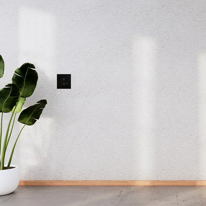 Legrand Valena Next with Netatmo Conmutador entrar/salir - Negro, Montaje en la pared, 16 A - Placa de pared negra con dos interruptores redondos sobre una pared blanca, integrándose perfectamente en interiores modernos y facilitando la operación.