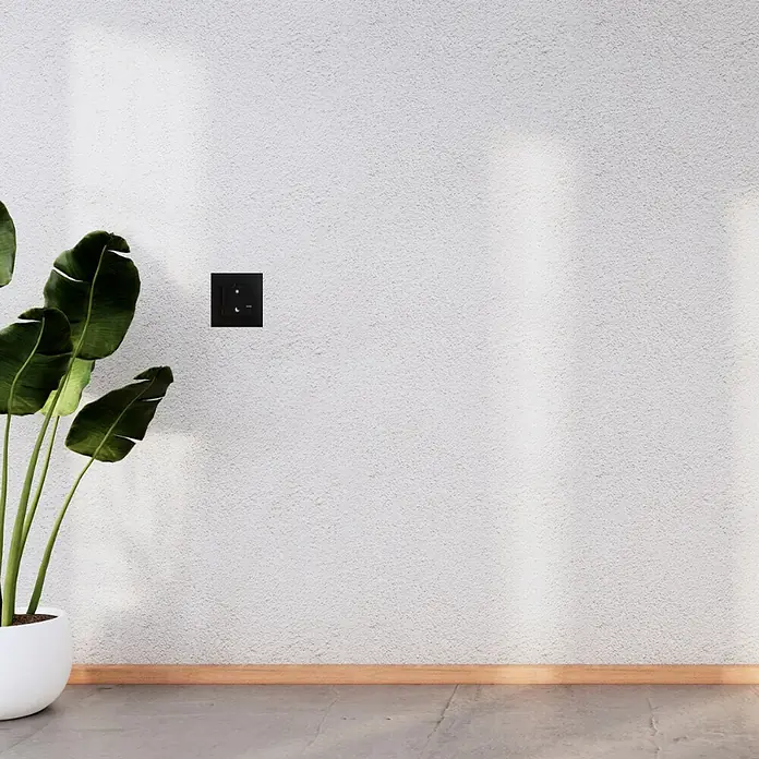 Legrand Valena Next with Netatmo Conmutador Día/noche - Negro, Mate, Montaje en la pared - Primer plano de una toma de corriente negra en una pared blanca, junto a una planta en maceta. Ideal para interiores modernos.