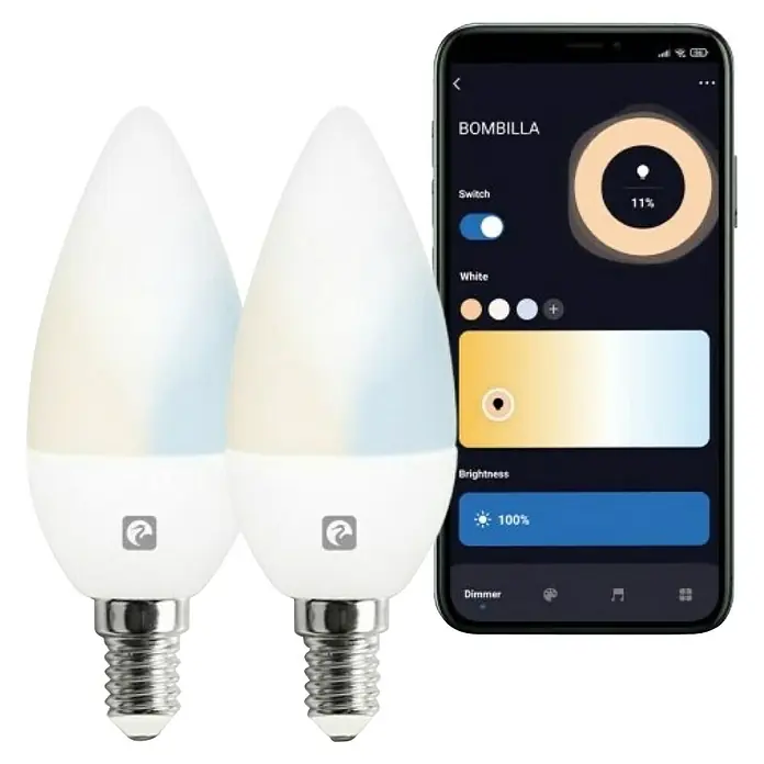 Garza Bombilla LED inteligente Pack - E14, Capacidad de atenuación: Intensidad regulable, Blanco cálido, 470 lm, 5,5 W - Dos bombillas LED inteligentes con control por app, que permiten ajustar el brillo y la temperatura de color para una iluminación personalizada.