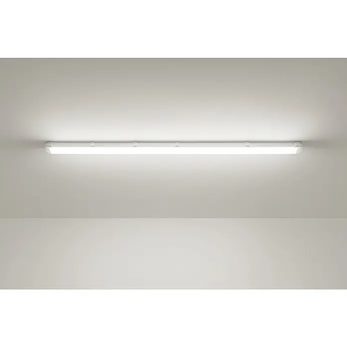 Eglo Feuchtraumleuchte Expert Basic - 30 W, Grau, Neutralweiß, 126 cm, 9,9 cm - Nahaufnahme einer LED-Deckenleuchte, die helles Licht in einem minimalistischen Raum spendet und moderne Beleuchtungslösungen zeigt.