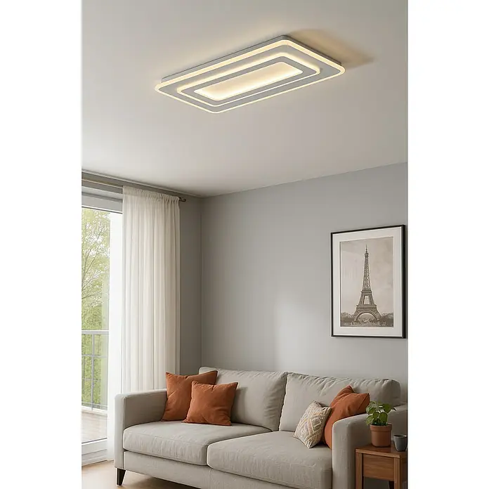 Panaled Katto Plafón LED - 80 W, Blanco, Blanco cálido - Una moderna lámpara de techo rectangular con un doble borde y luz integrada ofrece una iluminación brillante y elegante en la habitación.