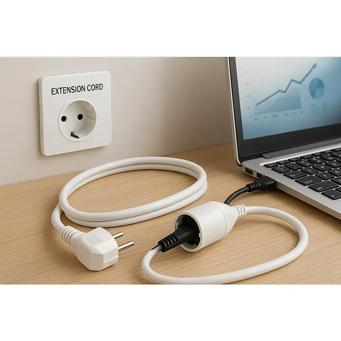 REV Alargo - 3 m, Blanco, H05RN-F - La imagen muestra un cable de extensión enchufado a una toma de corriente, alimentando un portátil. El enchufe es blanco y el cable está enrollado.