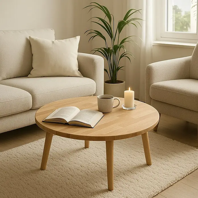 Do it wood Encimera de madera maciza - 180 cm x 80 cm x 28 mm, Haya - Una mesa de centro redonda de madera con un libro, taza y vela, entre un sofá crema y un sillón sobre una alfombra suave.