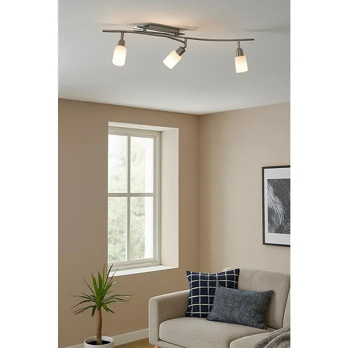 Tween Light Regleta LED Caborca - 3 W, Níquel mate, Blanco Opal, Blanco cálido - Lámpara de techo con tres focos y riel metálico curvado, que proporciona una iluminación elegante para la habitación. Diseño moderno para salones y dormitorios.