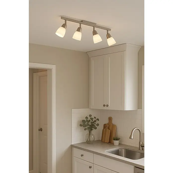 Tween Light Regleta LED Venzone II - 12 W, L x An x Al: 73 x 10 x 16,5 cm, Níquel satinado, Blanco Opal, Blanco cálido - Esta luz de cocina cuenta con cuatro pantallas de vidrio opal ajustables en una pista metálica. Ideal para iluminación personalizada.