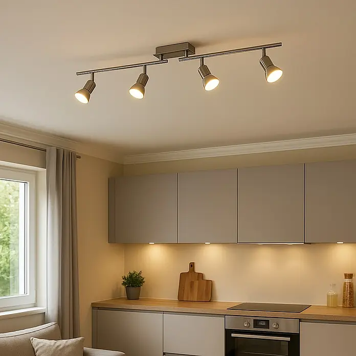 Tween Light Regleta LED Xeno - 12,8 W, L x An x Al: 8 x 55 x 13 cm, Plateado, Blanco cálido - Lámpara de techo con cuatro focos en un diseño de cocina moderna. La luz es cálida y acogedora.