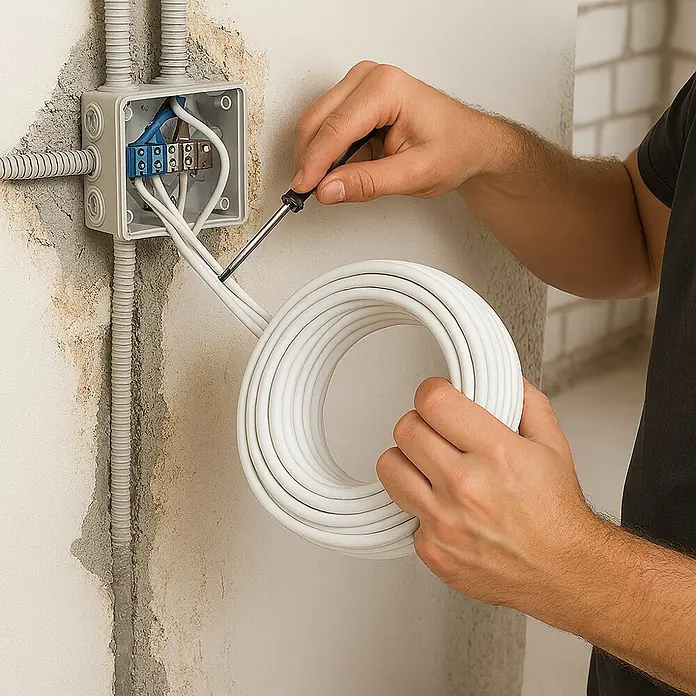 Bricable Cable unipolar Fase - H05VV-F, Número de cables: 3, 5 m, Blanco, 2,5 mm² - Un electricista trabaja en una caja de conexiones, destacando el cable blanco y la precisión de la instalación eléctrica.
