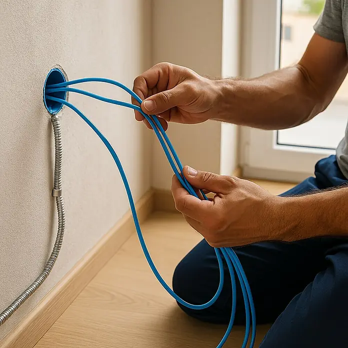 Bricable Cable unipolar neutro - H07V-K, Número de cables: 1, 100 m, Azul, 2,5 mm² - Un electricista instala cables azules en una pared. Los cables se dirigen a través de un tubo azul y recorren la pared.