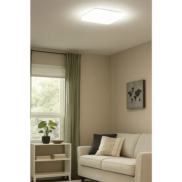 Eglo Plafón LED Giron - 11 W, L x An x Al: 220 x 220 x 50 mm, Blanco, Blanco cálido - Una lámpara de techo cuadrada y moderna con luz brillante ilumina una habitación con tonos neutros y decoración minimalista.