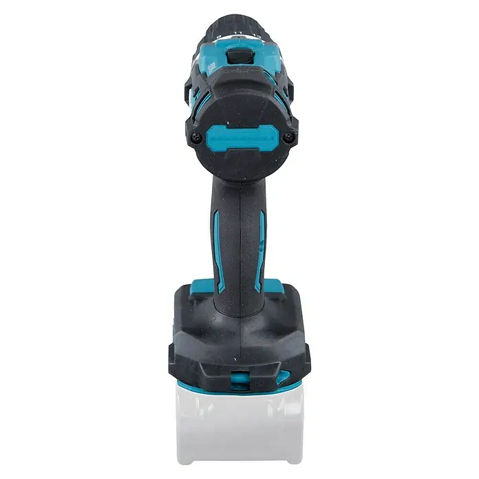 Makita XGT 40V max. Taladro atornillador de batería DF002GZ - 40 V, Sin batería, 64 Nm - Vista de un taladro inalámbrico. La herramienta es negra con detalles en turquesa e idónea para atornillar con precisión.
