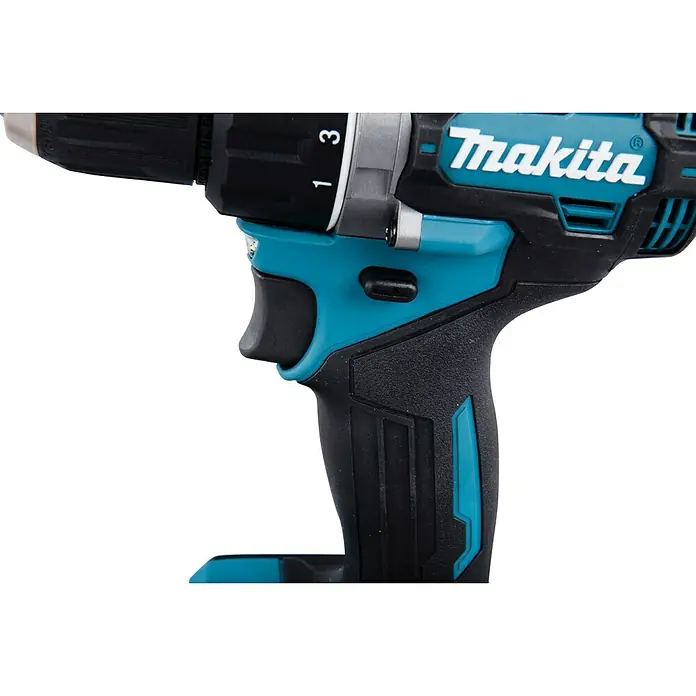 Makita XGT 40V max. Akku-Bohrschrauber DF002GZ - 40 V, Ohne Akku, 64 Nm - Nahaufnahme eines Makita Akku-Bohrschraubers mit Fokus auf den Griff und den Geschwindigkeitsregler. Perfekt für Heimwerkerarbeiten.