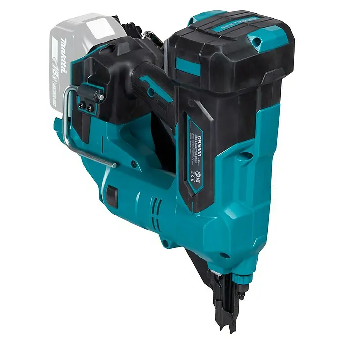 Makita LXT 18V Clavadora de batería DBN900ZK - 18 V, Sin batería - Clavadora inalámbrica Makita DBN900 en turquesa y negro. Perfecta para trabajos de construcción.