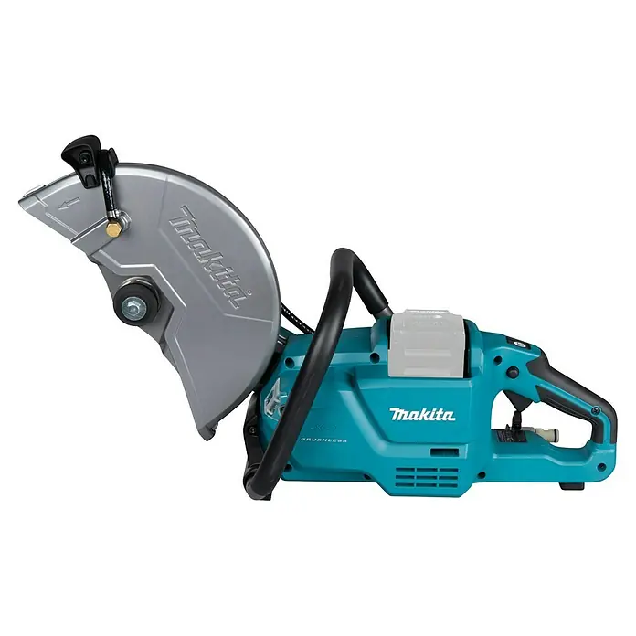 Makita XGT 40V max. Amoladora tronzadora de batería CE004G - 40 V, Sin batería - Una sierra de hormigón Makita con una hoja de sierra redonda y cuerpo azul sobre un fondo negro.