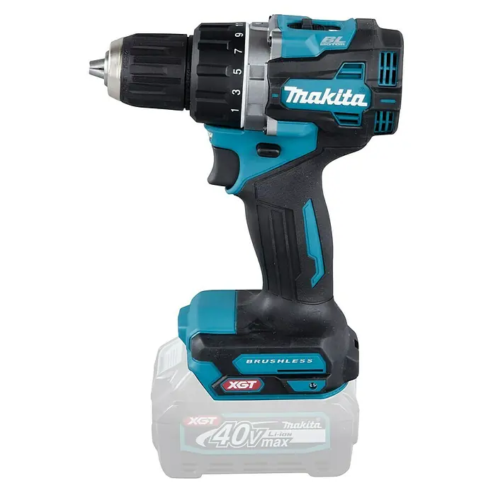 Makita XGT 40V max. Taladro atornillador de batería DF002GZ - 40 V, Sin batería, 64 Nm - Taladro inalámbrico Makita con detalles en verde azulado. El motor sin escobillas garantiza un trabajo eficiente y las baterías XGT ofrecen una larga autonomía.