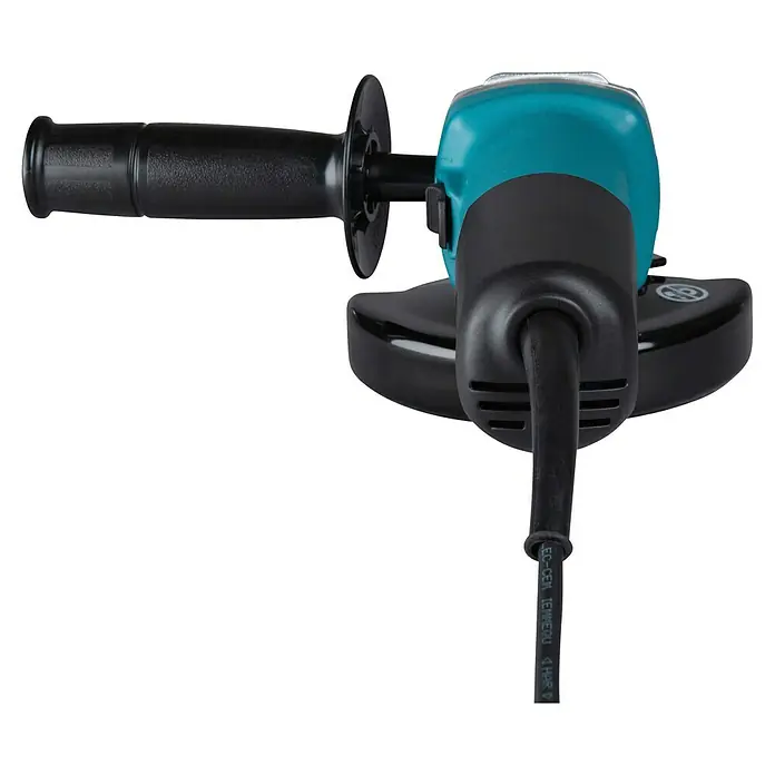 Makita Elektro-Winkelschleifer 9558HNRZ - 840 W, Leerlaufdrehzahl: 11.000 U/min - Nahaufnahme eines blauen Winkelschleifers mit schwarzem Griff und Kabel vor schwarzem Hintergrund.