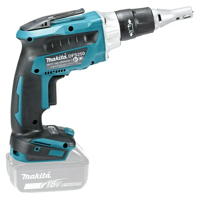Makita LXT 18V Akku-Trockenbauschrauber DFS250Z - 18 V, Ohne Akku - Akkuschrauber Makita DFS250 mit 18V Lithium-Ionen-Akku, ideal für Trockenbauarbeiten und präzises Schrauben mit variabler Drehzahlregelung.