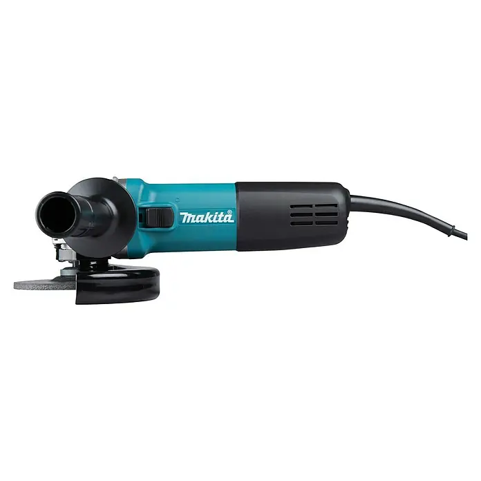 Makita Amoladora angular eléctrica 9558HNRG - 840 W, Diámetro disco: 125 mm, Número de revoluciones de marcha en vacío: 11.000 r.p.m. - Primer plano de una amoladora angular Makita, una herramienta eléctrica para amolar y cortar, con un cuerpo verde azulado y negro.