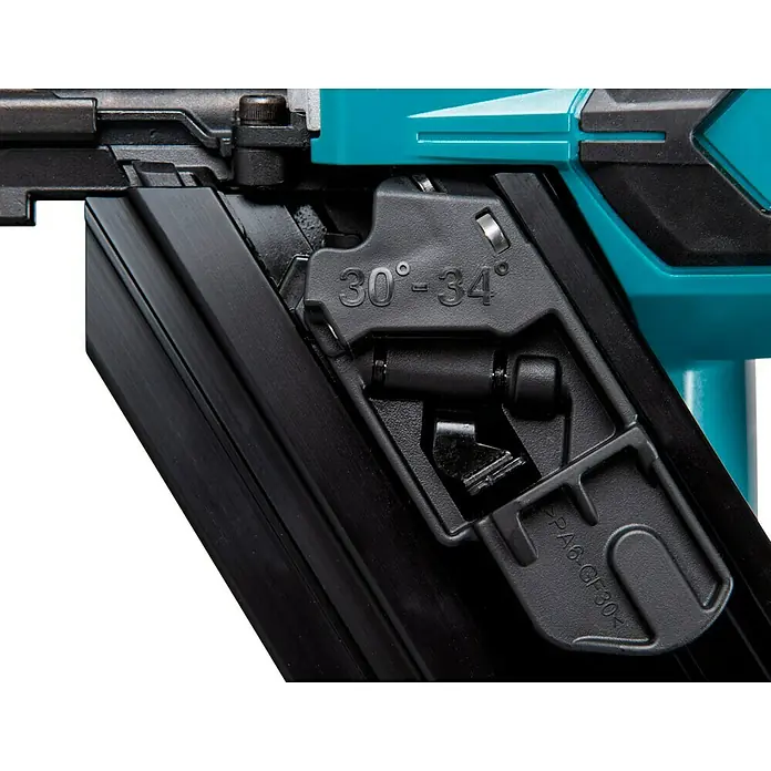 Makita LXT 18V Akku-Nagler DBN900ZK - 18 V, Ohne Akku - Detailansicht eines Makita-Nagelgeräts, das die Winkeleinstellung von 30°-34° und das Material PA6-GF30 hervorhebt.