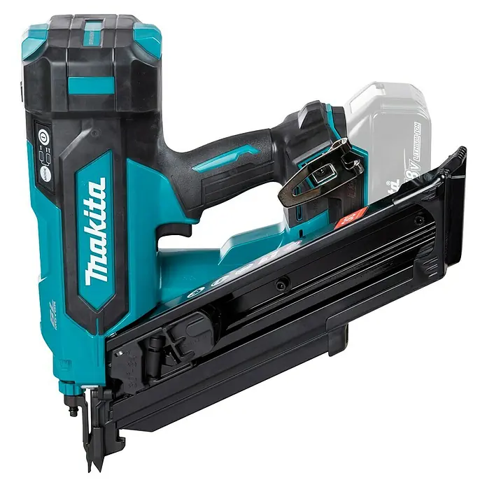 Makita LXT 18V Akku-Nagler DBN900ZK - 18 V, Ohne Akku - Nahaufnahme eines Makita Akku-Nagelgeräts mit 18V Akku.